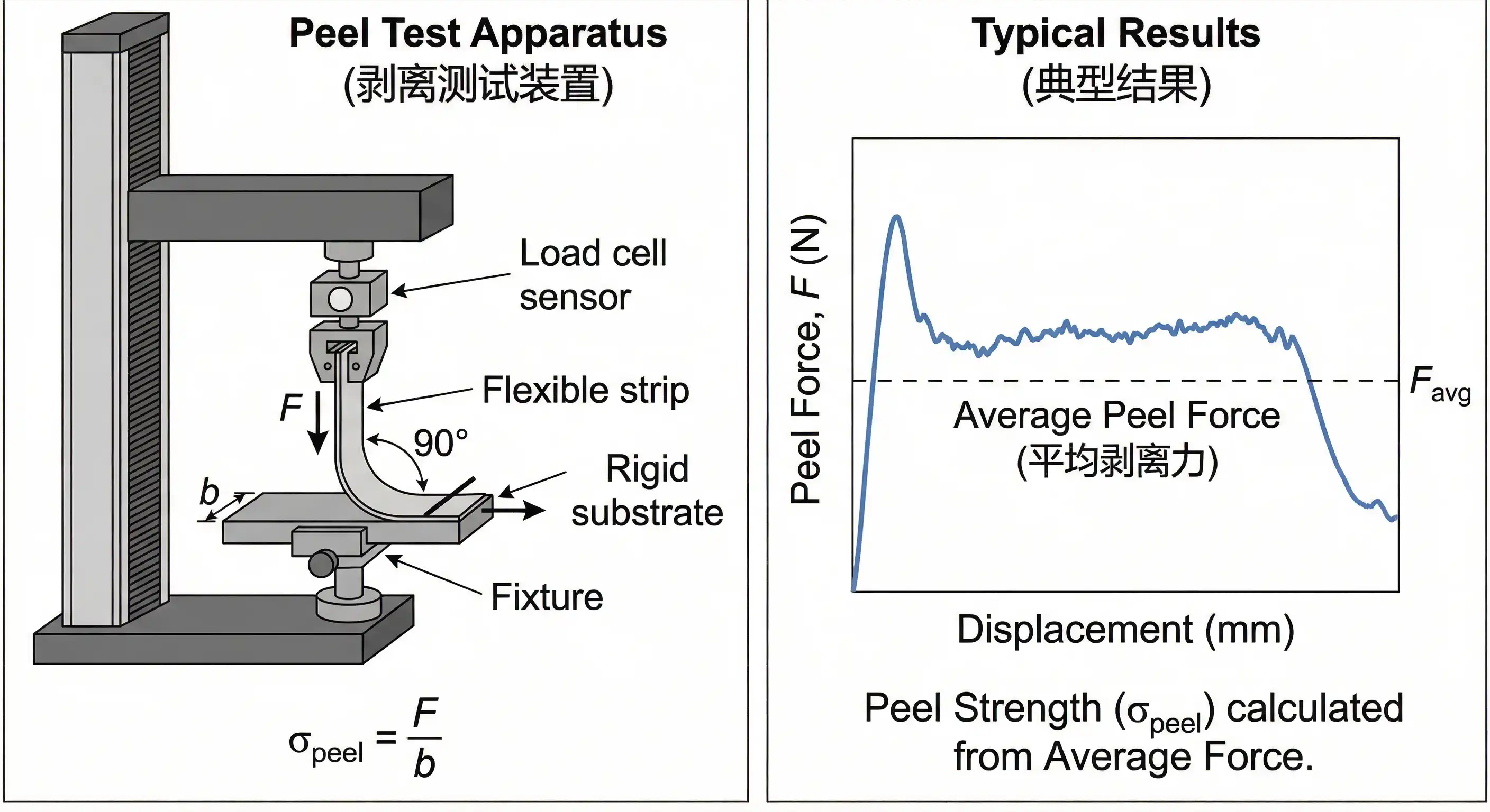 Peel test setup schematic and typical test result data curves